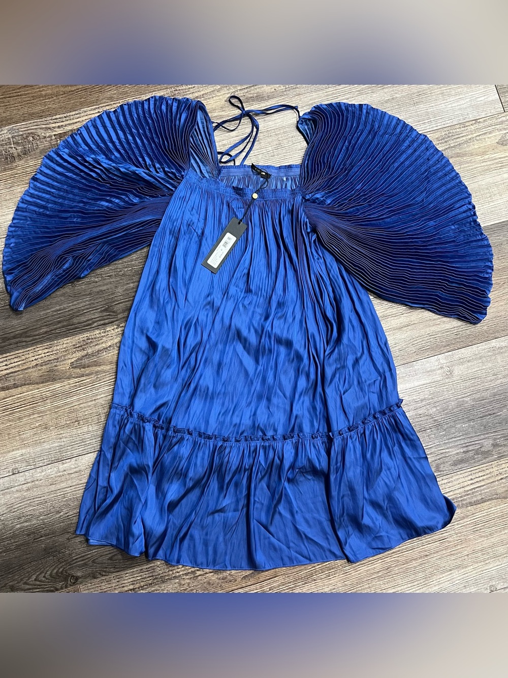 NWT Kobi Halperin Rae Dress XS Cobalt Blue Pleated Bell Sleeve $598